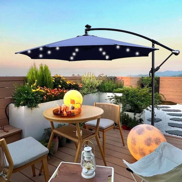 LATTOY 10 ft. Cantilever Patio Umbrella Solar Powered LED Lighted Waterproof 8 Ribs with Crank and Cross Base in Navy Blue HD2-Umbre319 LATTOY 10 ft. Cantilever Patio Umbrella Solar Powered LED Lighted Waterproof 8 Ribs with Crank and Cross Base in Navy Blue HD2-Umbre319