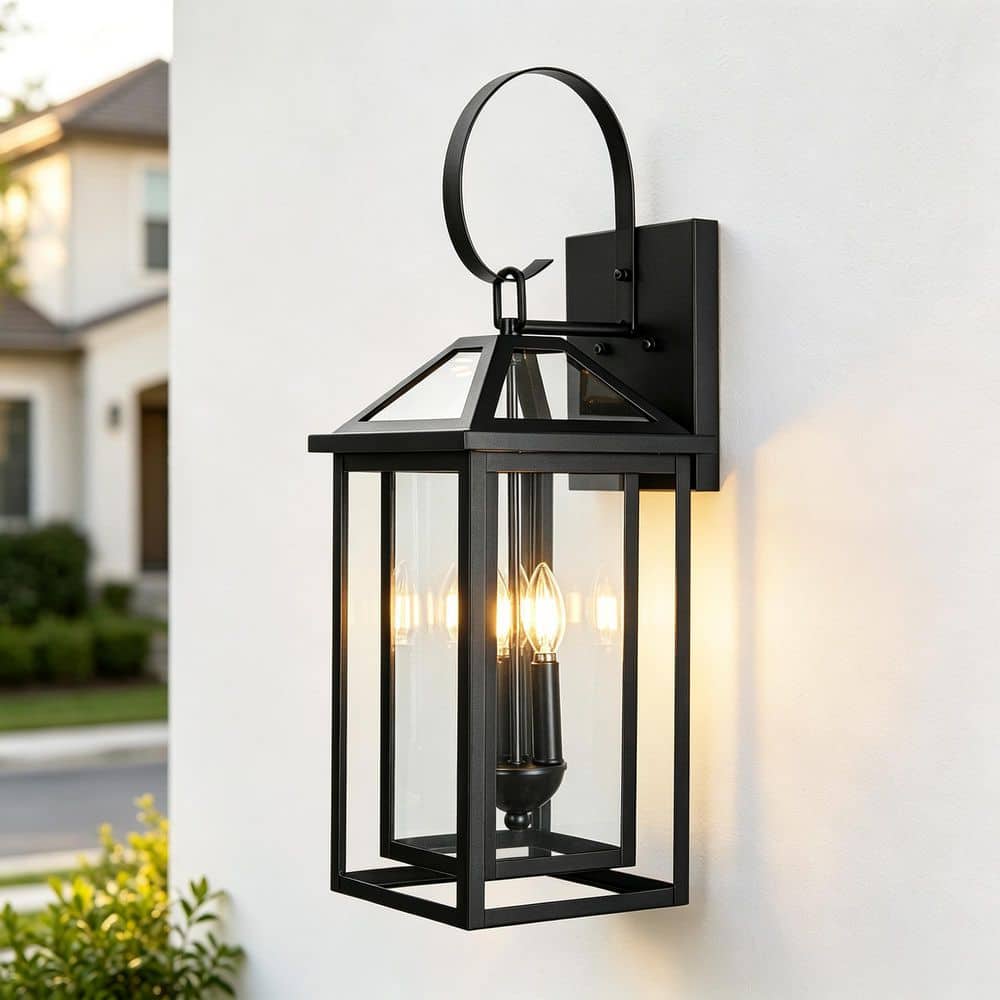 27 in. 3-Light Matte Black Hardwired Large Outdoor Wall Light Lantern Porch Sconce with Clear Glass, No Bulbs Included price history on PriceWatchPro