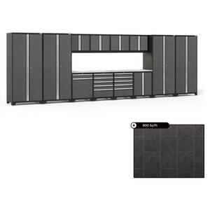 Pro Series 256 in. W x 84.75 in. H x 24 in. D Steel Cabinet Set in Gray ( 14- Piece ) with 800 sqft Flooring Bundle