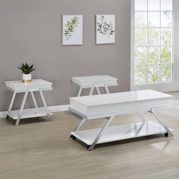 Zena Rectangle White Wood Coffee Table and 2 End Tables