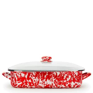 10.5 qt. Red Swirl Enamelware Oven Safe Roasting Pan with Lid