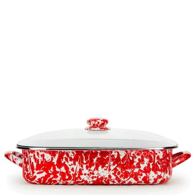 10.5 qt. Red Swirl Enamelware Oven Safe Roasting Pan with Lid