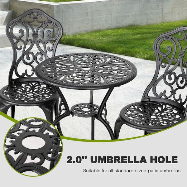 3 piece patio set wuth umbrella hole under 50 3-Piece Aluminum Outdoor Bistro with and this bistro table with umbrella holes can hold an outdoor umbrella to protect you from the wind and rain Nuu Garden Black 3-Piece Cast