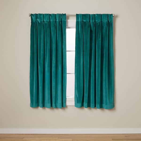 EXCLUSIVE HOME Velvet Teal Solid Light Filtering Triple Pinch Pleat / Hidden Tab Curtain, 27 in. W x 63 in. L (Set of 2)