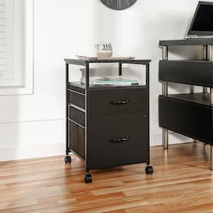 15.3 in. 2-Drawer with Shelf Rectangle End Table, Side table for Bedroom with Wood Top - Black