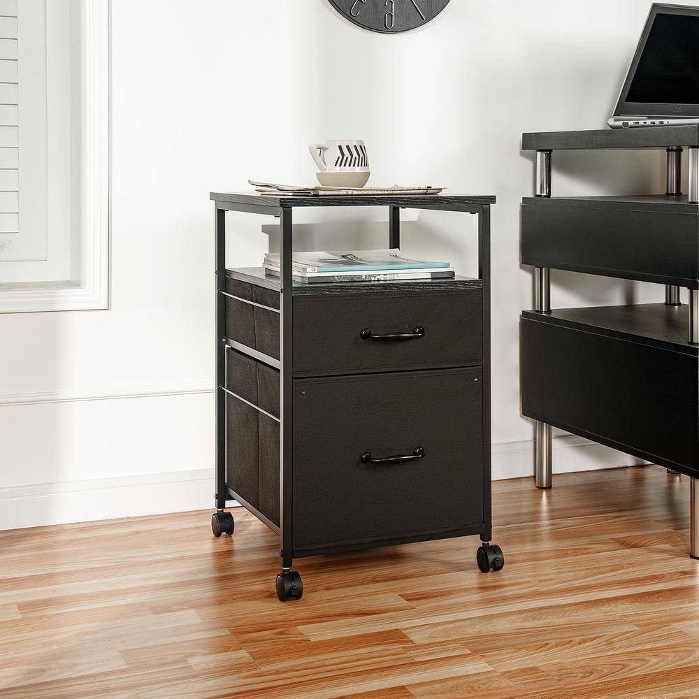 15.3 in. 2-Drawer with Shelf Rectangle Nightstand, Side table for Bedroom with Wood Top in Black