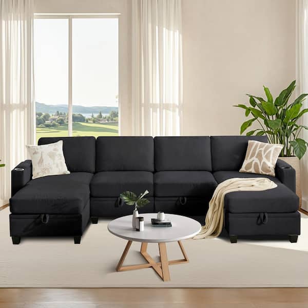 Modern 117.4 in. Black Chenille Square Arm Rectangle Shape Storage Sofa with Cup Holder and Two Ottomans for Living