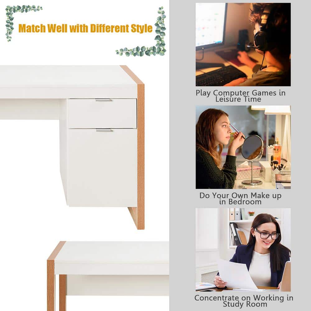 Modern White Natural Wood Computer Desk with Drawer and Cabinet