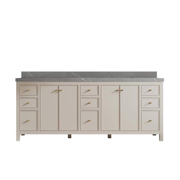 Willow Collections Chicago 84 in. Double Sink Freestanding Fine Grain Bath Vanity with Piatra Gray Qt. Top Unassembled