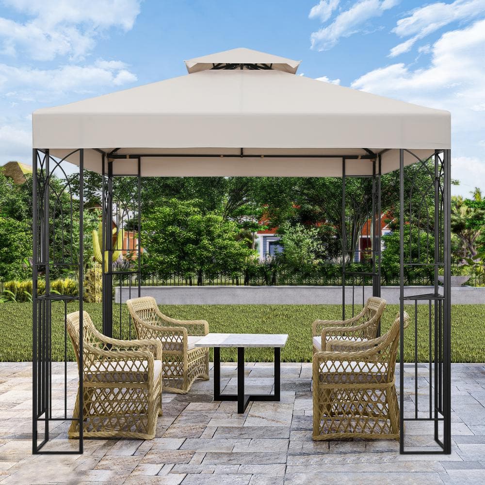 Beige 8x8 Metal Patio Gazebo with Double Roof