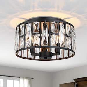 12 in. 3-Light Round Modern Black Drum Flush Mount Ceiling Light with Clear Crystal Shade