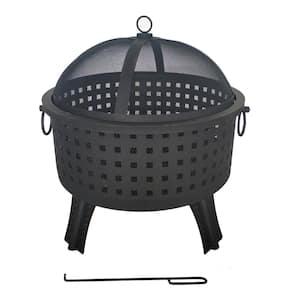 26 in. W x 25 in. H Round Laser Cut Steel Charcoal Black Fire Pit with Log Grate and Poker