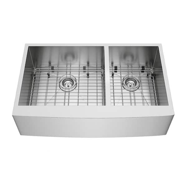 Farmhouse Apron Front Stainless Steel 36 in. Double Bowl Kitchen Sink with Grid and Strainer