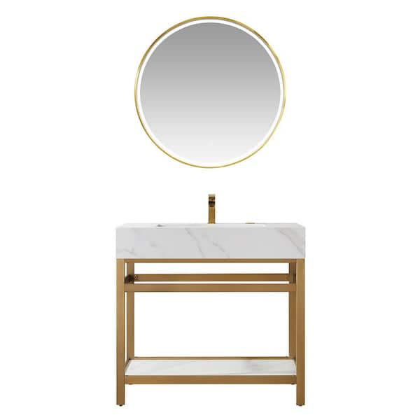 ROSWELL Bilbao 36 in. W x 21.7 in. D x 33.9 in. H Single Sink Bath Vanity in Gold Base with White Sintered Stone Top and Mirror