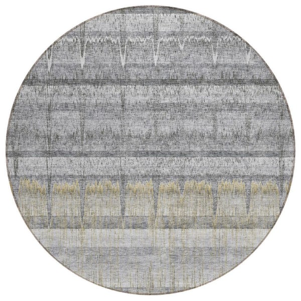 Gray, Silver, Charcoal 8 ft. Round Woven Striped Polyester Round Indoor/Outdoor Area Rug