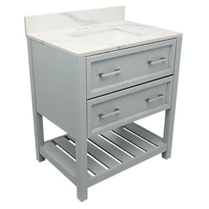 Milan 31 in. W x 22 in. D Bath Vanity in Grey with Quartz Stone Vanity Top in Calacatta White with White Basin