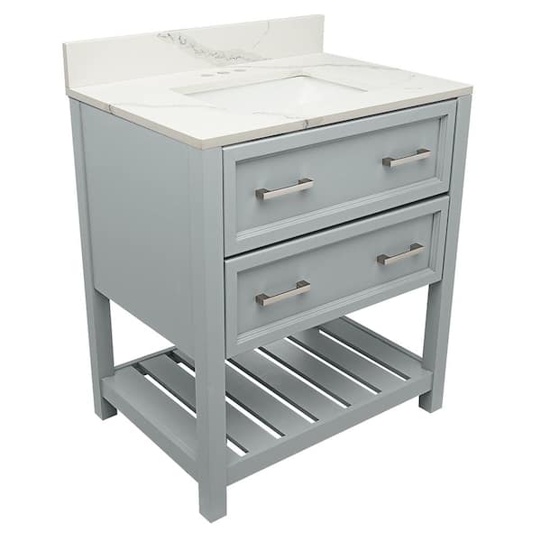 Amluxx Milan 31 in. W x 22 in. D Bath Vanity in Grey with Quartz Stone Vanity Top in Calacatta White with White Basin