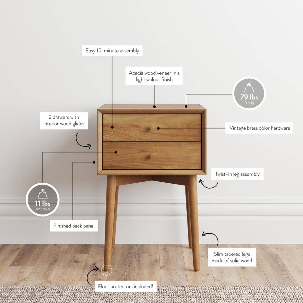 Harper Mid-Century Oak Wood Nightstand with Vintage Brass Hardware