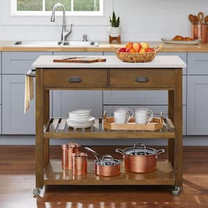 Alstead Wooden Farmhouse Rolling Kitchen Cart with White Marble Top and Double-Drawer Storage (44in. W)