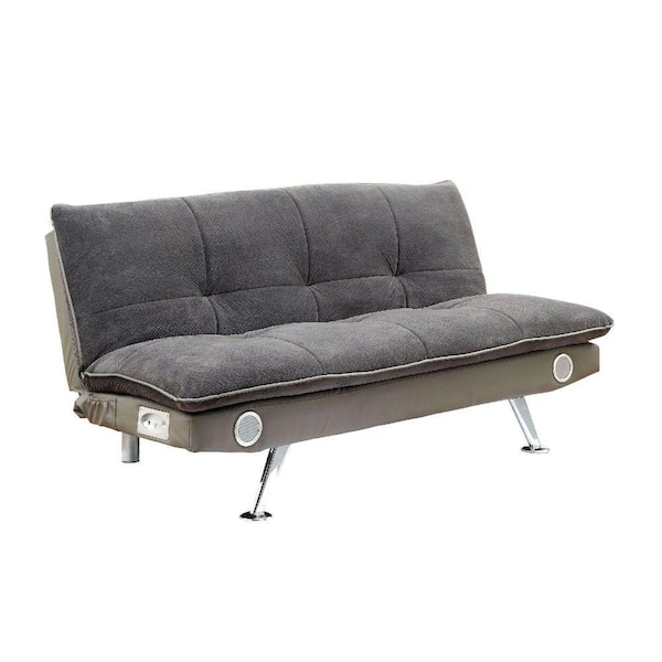 Benjara 46.25 in. Gray Solid Print Fabric Full Futon Sofa with Speaker and Bluetooth Function