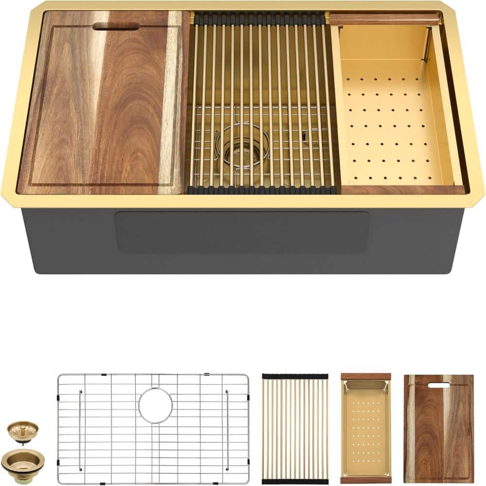 "36""x 19"" Undermount Single Bowl 16 Gauge 304 Stainless Steel Workstation Kitchen Sink in Nano-PVD Gold with Accessories" price history on PriceWatchPro
