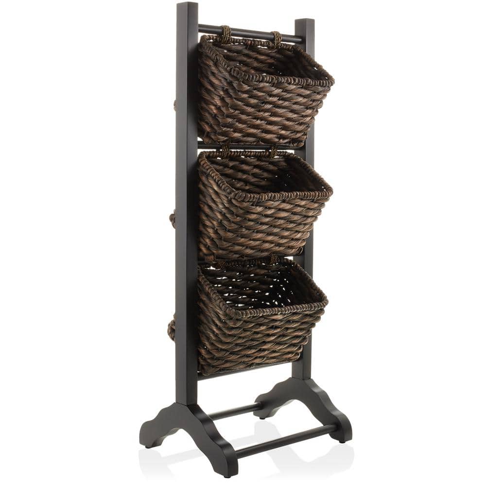 Acacia Wood 3-Tier Black and Espresso Storage Rack with Hyacinth Baskets