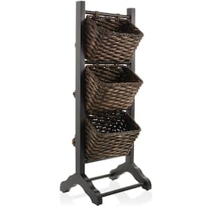 Black 15 in. x 38.25 in. Acacia Wood Decorative Basket 3-Tier Floor Stand, Espresso Water Hyacinth Storage Baskets