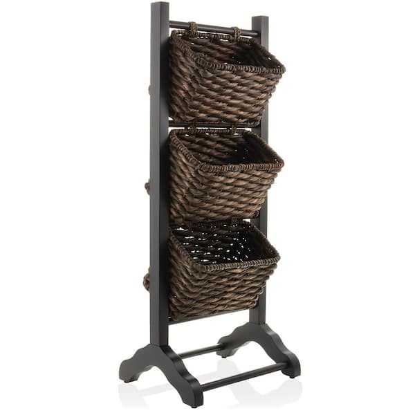Casafield Black 15 in. x 38.25 in. Acacia Wood Decorative Basket 3-Tier Floor Stand, Espresso Water Hyacinth Storage Baskets