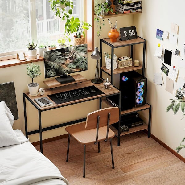 59 in. Brown Computer Desk with Monitor Stand, 4-Tier Reversible Home Office Desk with Printer Shelf or CPU Stand