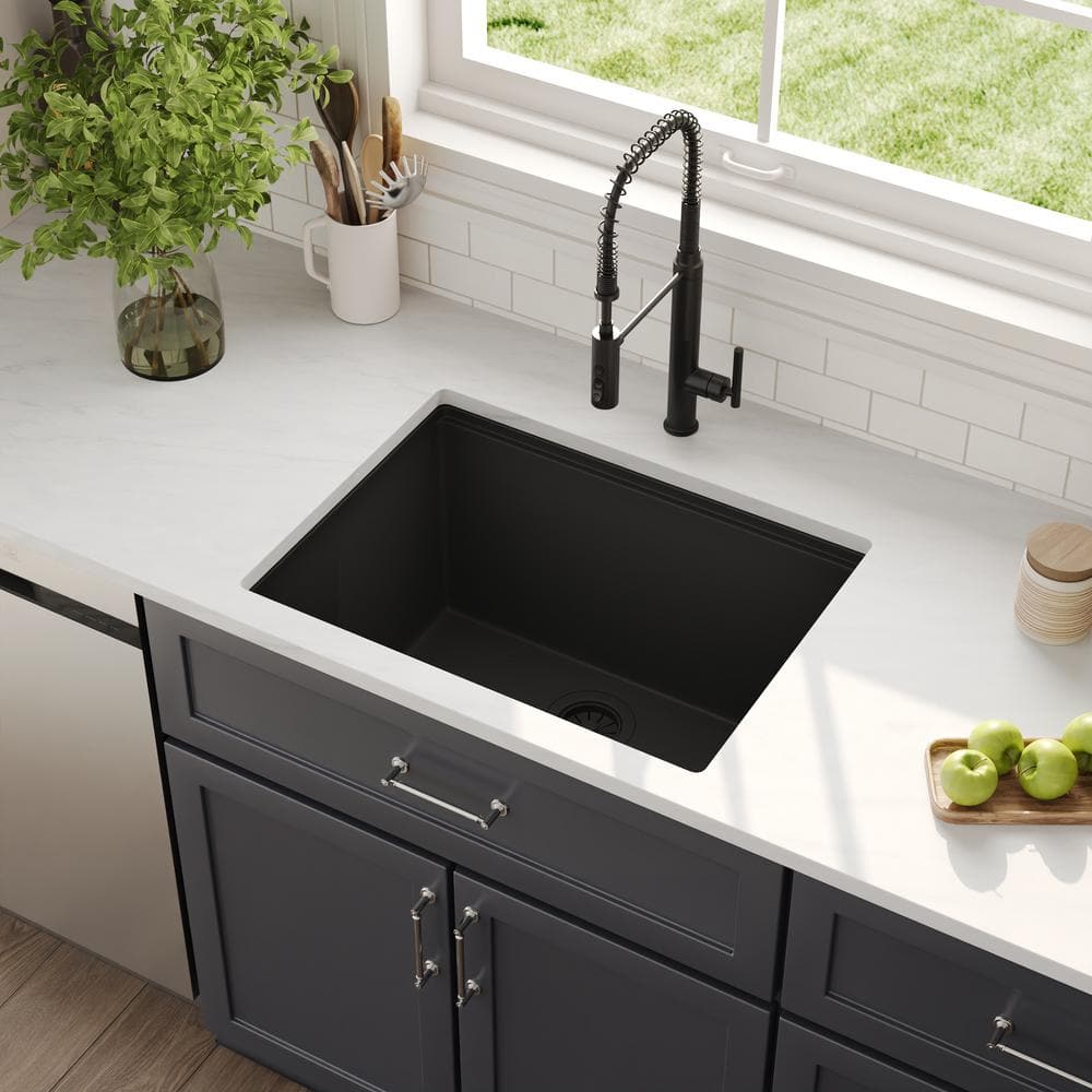 25" Black Quartz Composite Single Bowl Drop-In Kitchen Sink with Accessories
