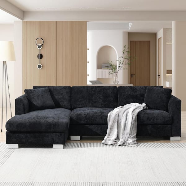 Harper & Bright Designs 96 in. L Shaped Chenille Modern Cloud Sectional Sofa in Black with 2-Pillows, Silver Aluminum Feet