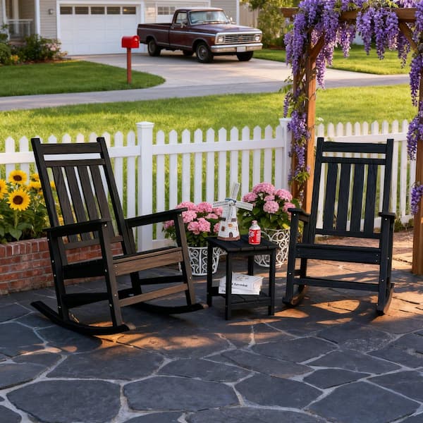 Unbranded Black Plastic Outdoor Chat Sets, Outdoor Rocking Chair Set with Table (3-Piece)