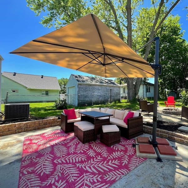 9 ft. x 11.5 ft. Aluminum Outdoor Patio Cantilever Umbrella Offset 360° Rotation Umbrella with Base, Beige