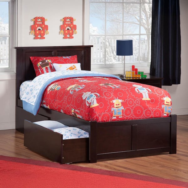 Madison Espresso Twin Solid Wood Storage Platform Bed with Flat Panel Foot Board and 2 Bed Drawers