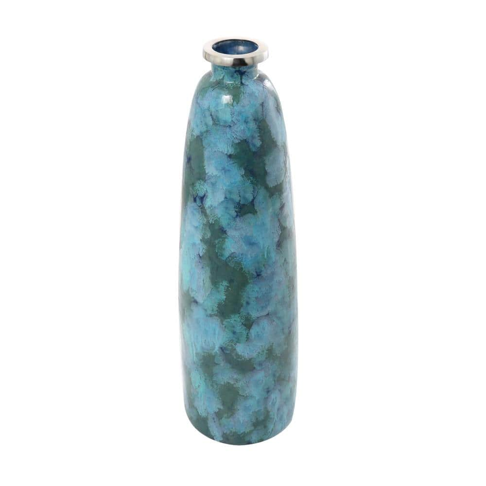 Litton Lane Teal Handmade Glass Decorative Vase with Silver Rim, Blue