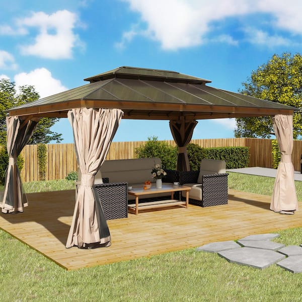 12 ft. x 16 ft. Hardtop Gazebo, Aluminum Permanent Outdoor Gazebo with Polycarbonate Double Roof, with Curtain and Net