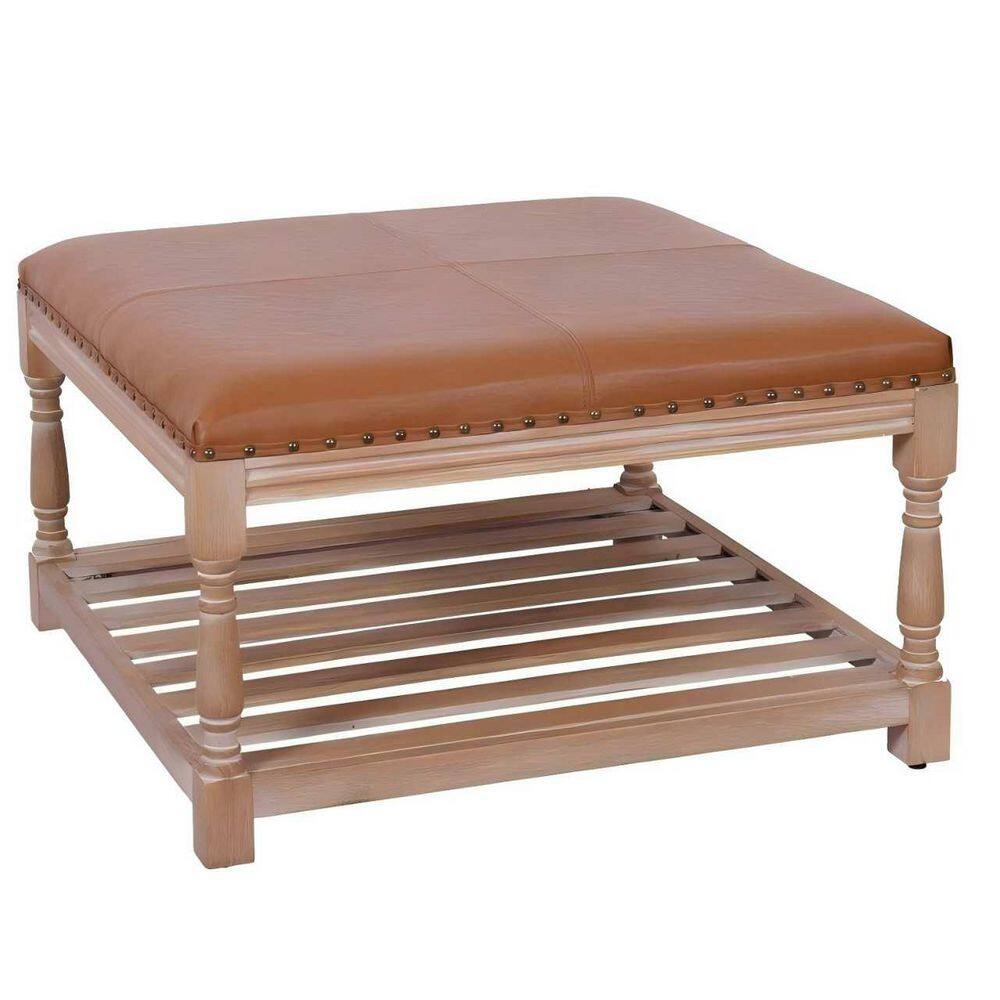 31.5 in. Natural Wood Brown Square Leather Top Coffee Table with Lower Slatted Shelf and Nailhead Trim For Living Room price history on PriceWatchPro