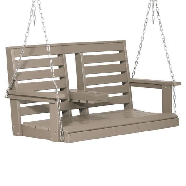 Nashville Poly 2-Person 54 in. Plastic Outdoor Patio Porch Swing w/ Folding Cup Holder, Weathered Wood