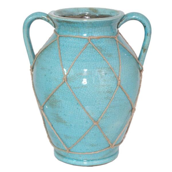THREE HANDS Blue Ceramic Decorative Vase with Mesh Rope