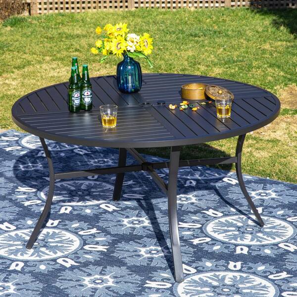 48 inch black iron patio table with umbrella hole Umbrella Hole Black Metal Round Patio Table 48 Inch Round 48-Inch Round Outdoor  Patio Dining