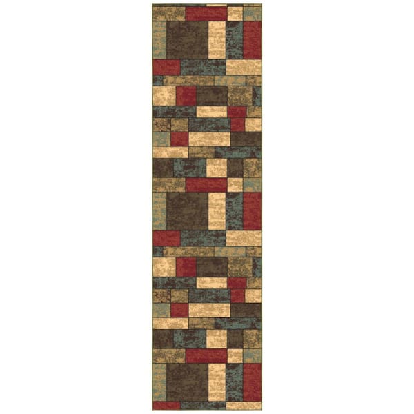 Ottohome Collection Non-Slip Rubberback Boxes Design 3x10 Indoor Runner Rug, 2 ft. 7 in. x 9 ft. 10 in., Multicolor