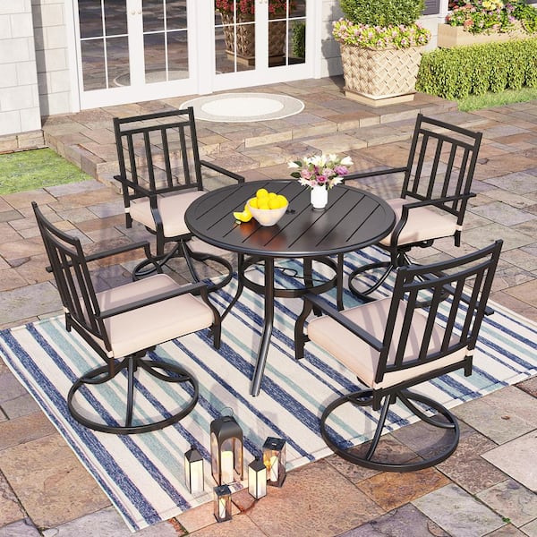 PHI VILLA Black 5-Piece Metal Round Table Patio Outdoor Dining Set with Slat Swivel Chairs with Beige Cushions