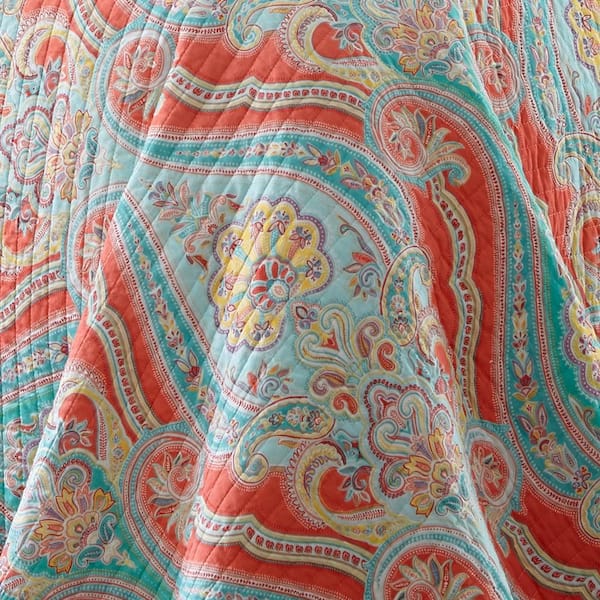 Greenwich Multi 3-Piece Coral, Teal Damask Paisley Cotton Full/Queen Quilt  Set