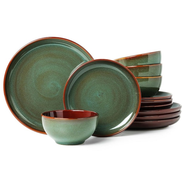 12-Piece Ceramic Dinnerware Sets, Microwave and Dishwasher Safe Kitchen Dishes for 4 Person, Green