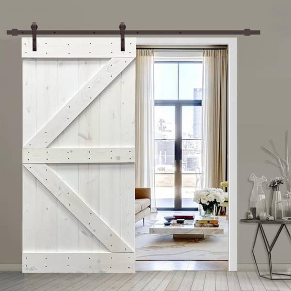 Calhome Distressed K Series 42 In X 84 Light Cream Stained Pine Wood Interior Sliding Barn Door With Hardware Kit Swd11 Ab 96 Diy K42wt The Home Depot Calhome Distressed K Series 42 In X 84, Distressed Sliding Barn Door