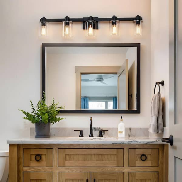 41 in. 5 Light Matte Black Vanity Light with Clear Glass Shades