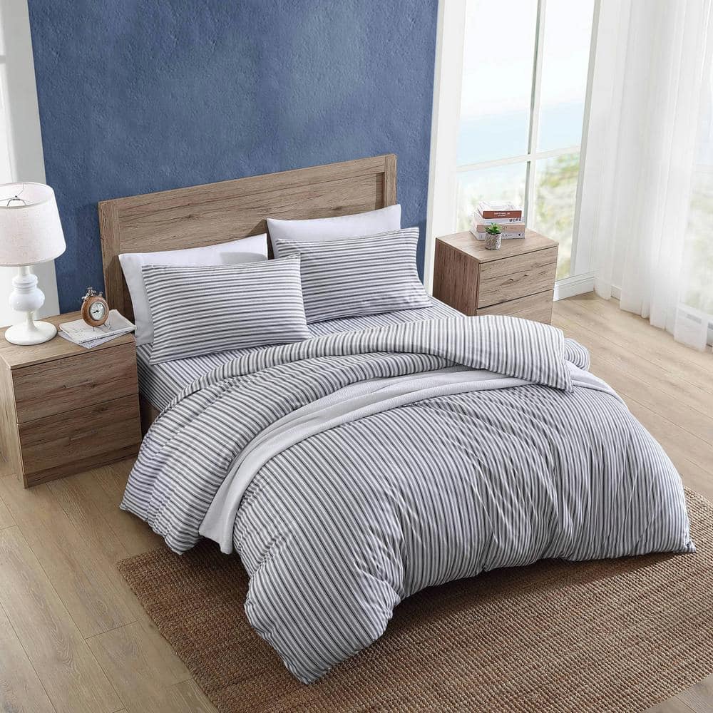 Charcoal and White Striped Cotton Queen Duvet Cover