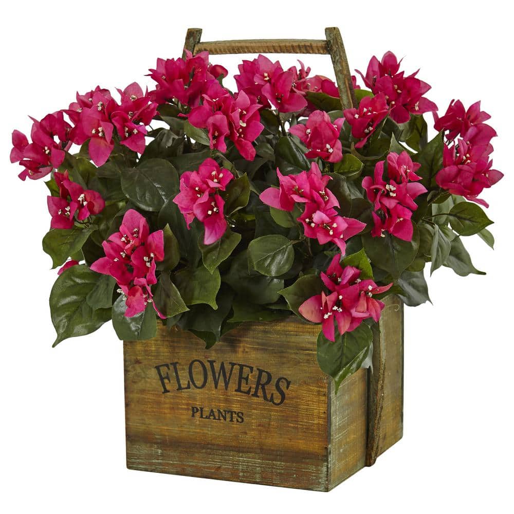 Nearly Natural Artificial Indoor Bougainvillea Flowering Plant in Rustic  Wood Planter 6323 - The Home Depot