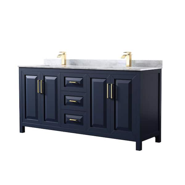 Wyndham Collection Daria 72 in. Double Bathroom Vanity in Dark Blue with Marble Vanity Top in White Carrara with White Basins