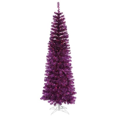 10 ft. Pre-Lit Purple Artificial Pencil Tinsel Christmas Tree with Purple Lights